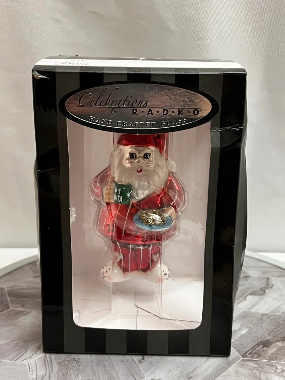 Celebrations By Radko Santa TV Dinner Handcrafted Glass Christmas Ornament Box